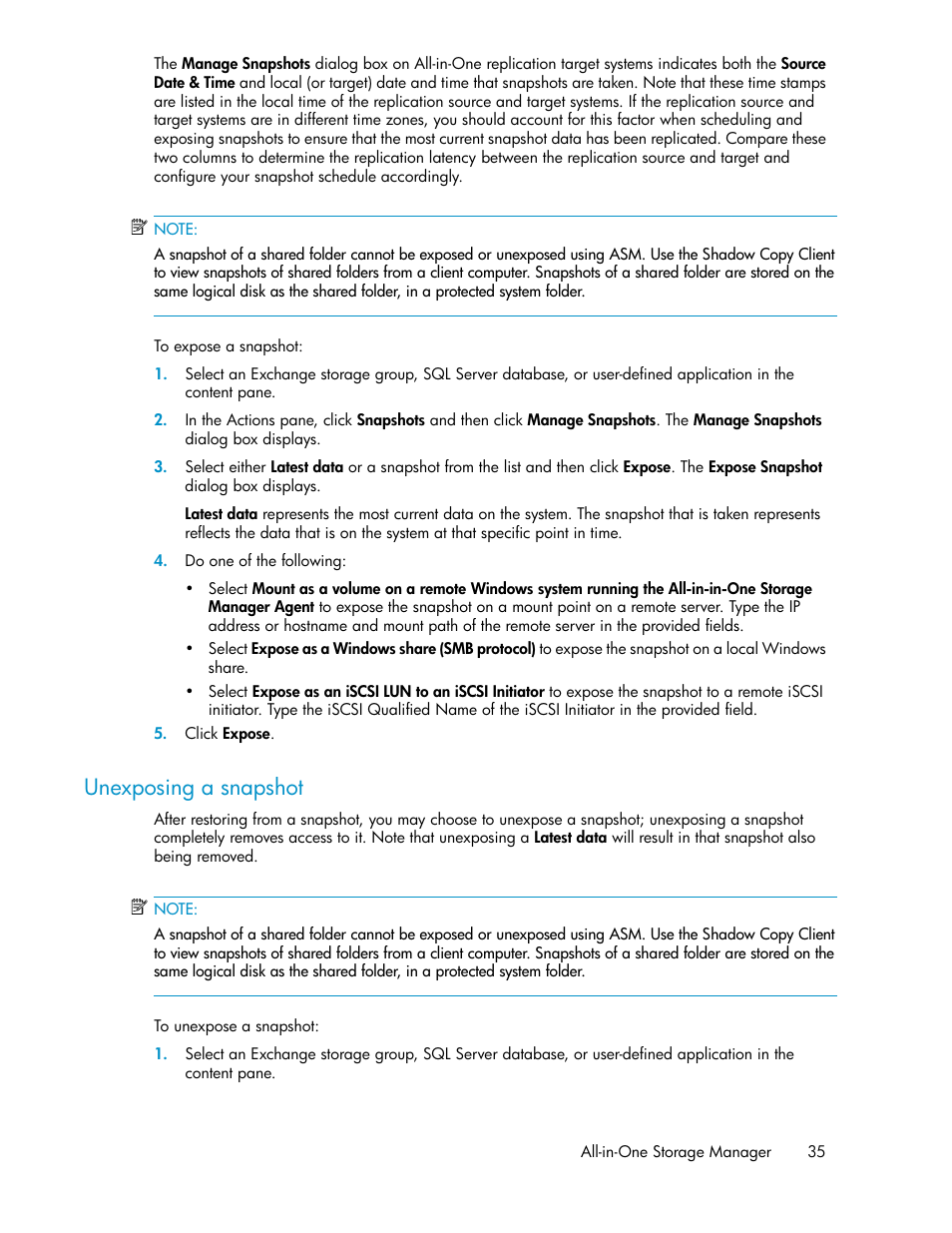 Unexposing a snapshot | HP ProLiant DL185 G5 Storage Server User Manual | Page 35 / 72