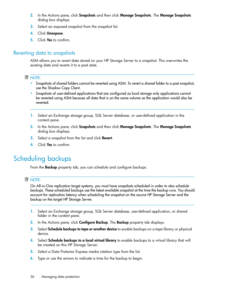 Reverting data to snapshots, Scheduling backups | HP ProLiant DL185 G5 Storage Server User Manual | Page 36 / 72