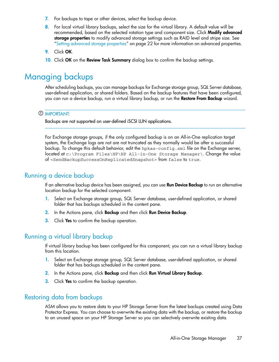 Managing backups, Running a device backup, Running a virtual library backup | Restoring data from backups, 37 running a virtual library backup, 37 restoring data from backups | HP ProLiant DL185 G5 Storage Server User Manual | Page 37 / 72