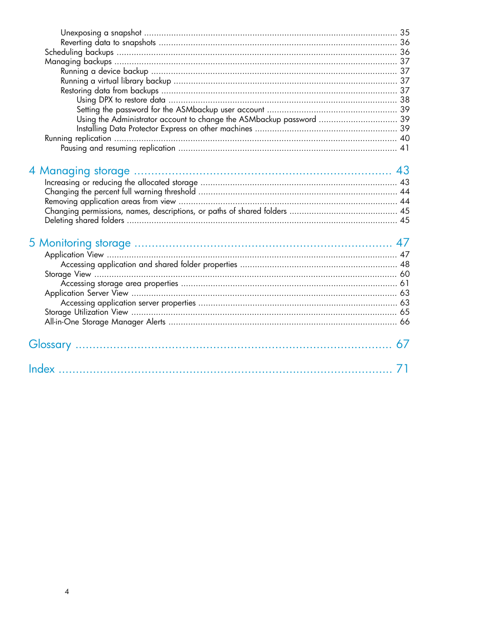 4 managing storage, 5 monitoring storage, Glossary index | HP ProLiant DL185 G5 Storage Server User Manual | Page 4 / 72