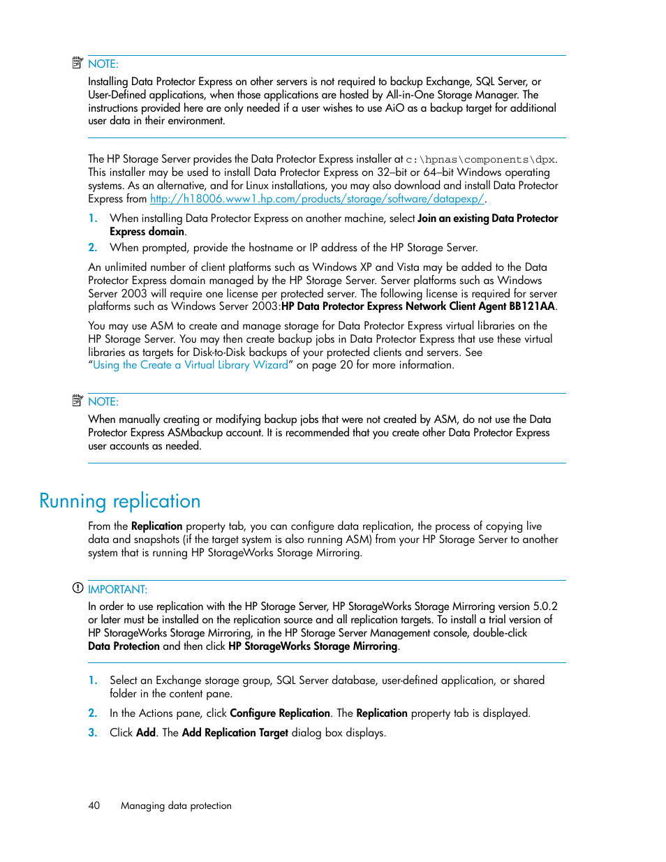 Running replication | HP ProLiant DL185 G5 Storage Server User Manual | Page 40 / 72