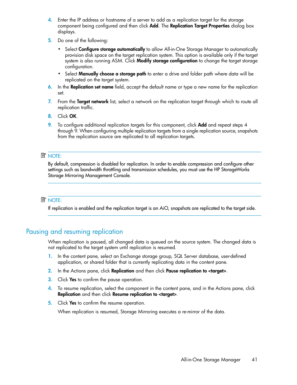 Pausing and resuming replication | HP ProLiant DL185 G5 Storage Server User Manual | Page 41 / 72