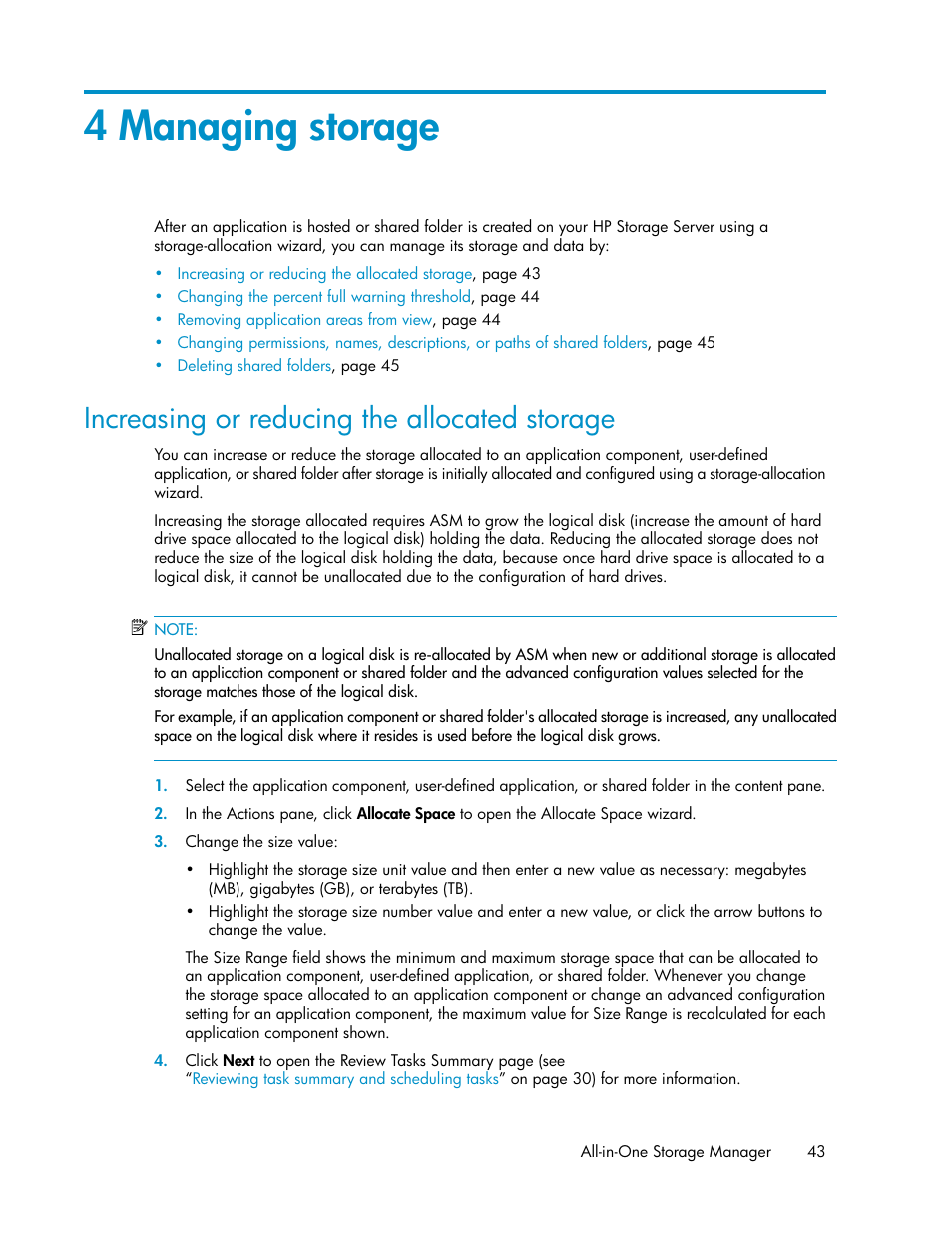4 managing storage, Increasing or reducing the allocated storage, Managing storage | HP ProLiant DL185 G5 Storage Server User Manual | Page 43 / 72