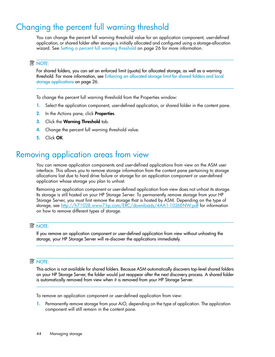 Changing the percent full warning threshold, Removing application areas from view, 44 removing application areas from view | HP ProLiant DL185 G5 Storage Server User Manual | Page 44 / 72