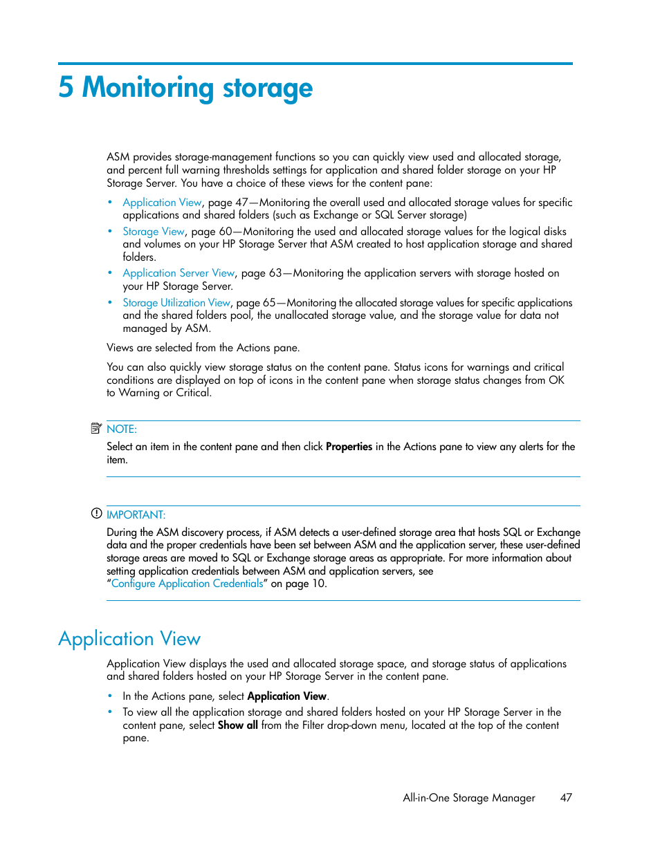 5 monitoring storage, Application view, Monitoring storage | HP ProLiant DL185 G5 Storage Server User Manual | Page 47 / 72