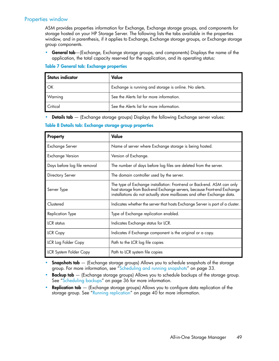 General tab: exchange properties, Details tab: exchange storage group properties, Properties window | HP ProLiant DL185 G5 Storage Server User Manual | Page 49 / 72