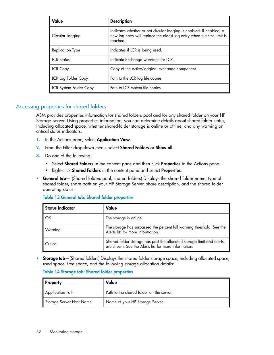 General tab: shared folder properties, Storage tab: shared folder properties, Accessing properties for shared folders | HP ProLiant DL185 G5 Storage Server User Manual | Page 52 / 72