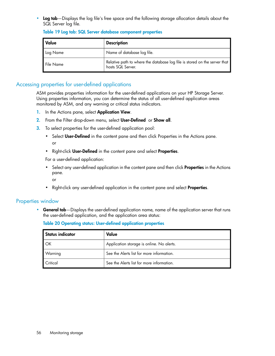 Log tab: sql server database component properties, Log file properties for database | HP ProLiant DL185 G5 Storage Server User Manual | Page 56 / 72