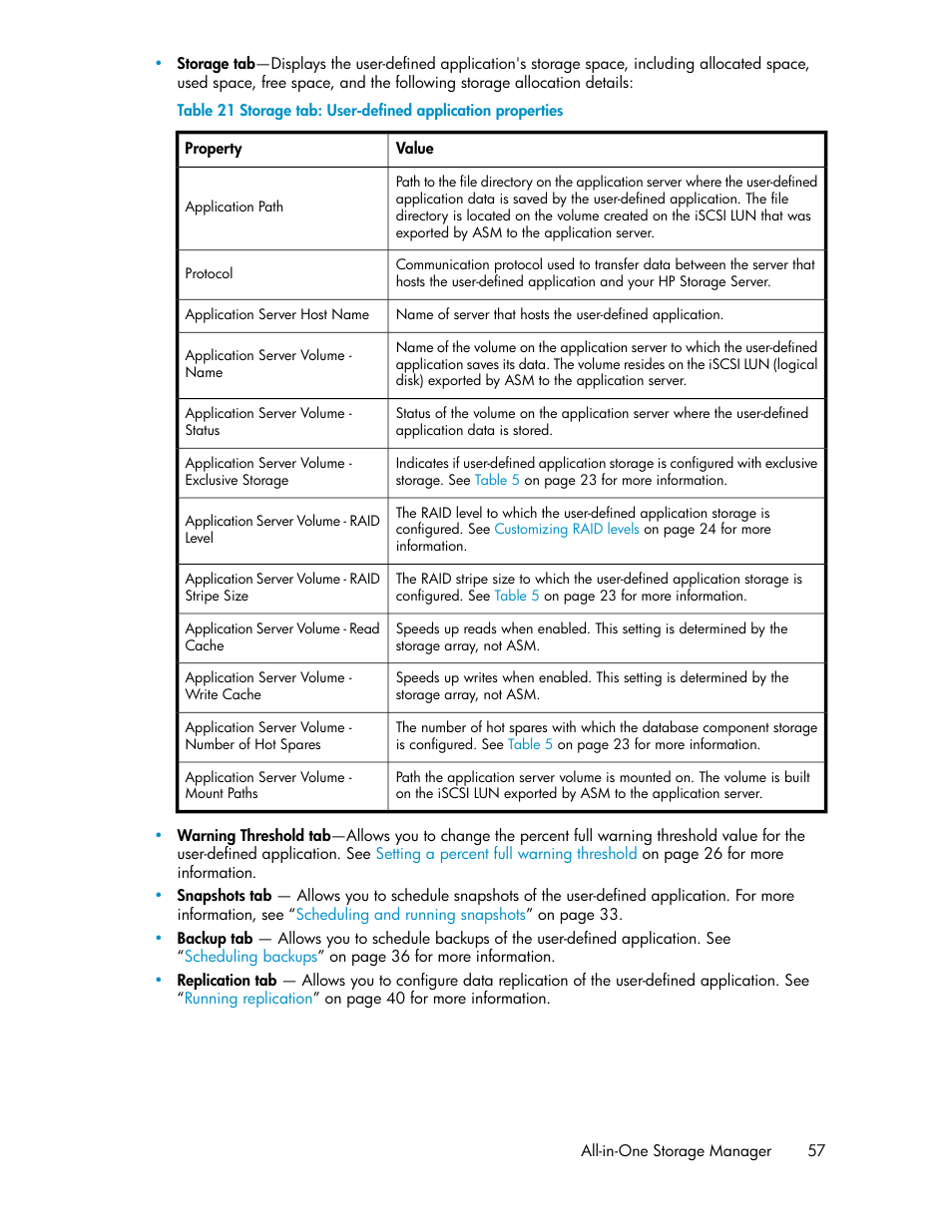 Storage tab: user-defined application properties | HP ProLiant DL185 G5 Storage Server User Manual | Page 57 / 72