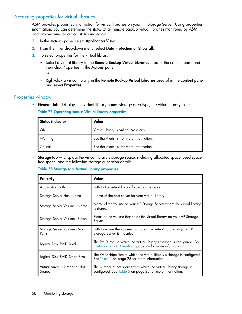 Operating status: virtual library properties, Storage tab: virtual library properties, Accessing properties for virtual libraries | Properties window | HP ProLiant DL185 G5 Storage Server User Manual | Page 58 / 72