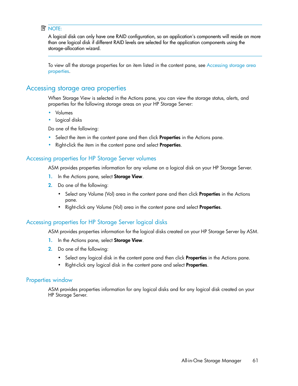 Accessing storage area properties, Accessing properties for hp storage server volumes | HP ProLiant DL185 G5 Storage Server User Manual | Page 61 / 72