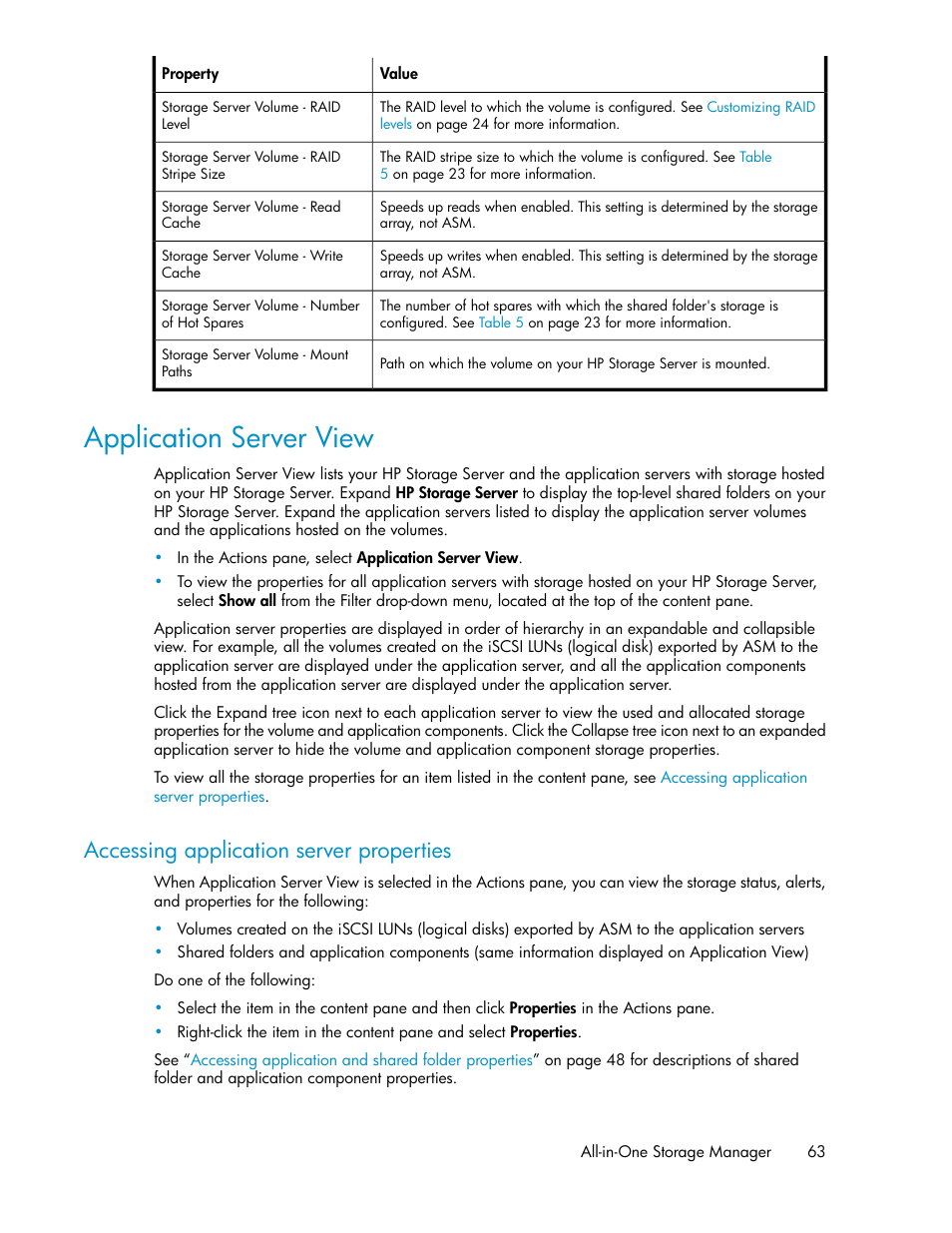Application server view, Accessing application server properties | HP ProLiant DL185 G5 Storage Server User Manual | Page 63 / 72
