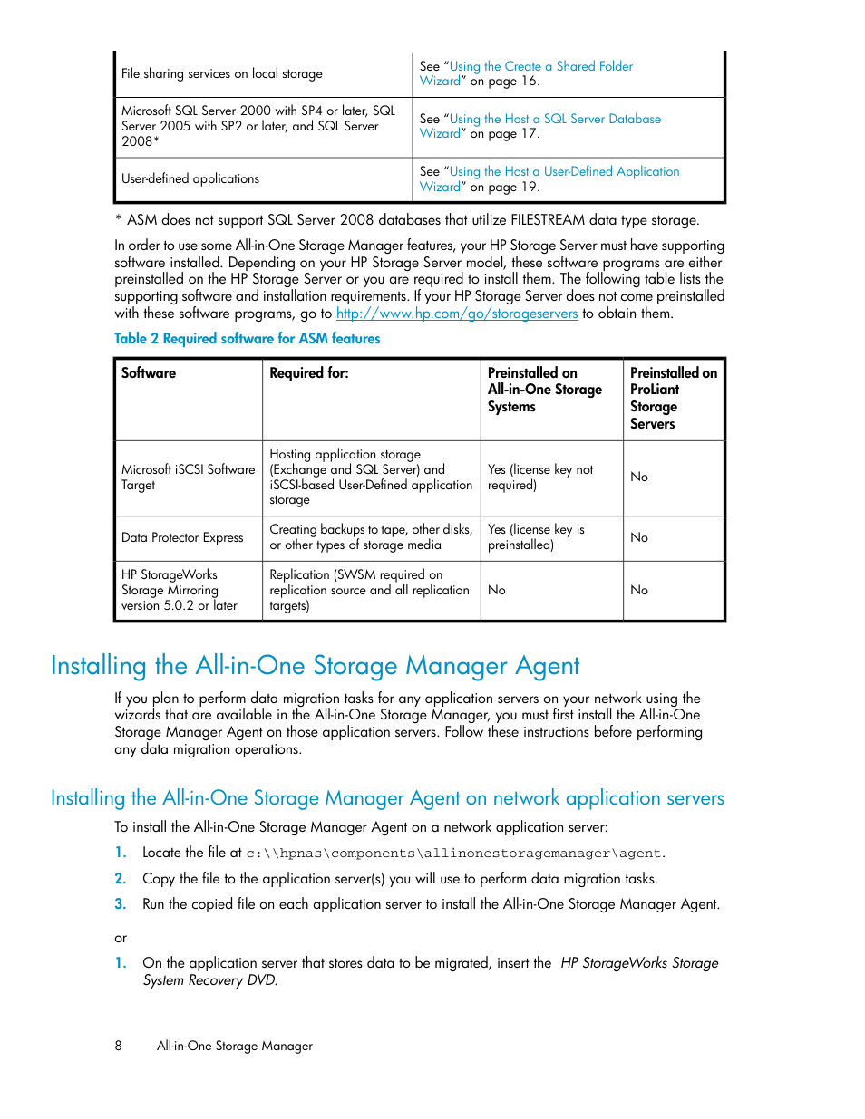 Installing the all-in-one storage manager agent, Required software for asm features | HP ProLiant DL185 G5 Storage Server User Manual | Page 8 / 72