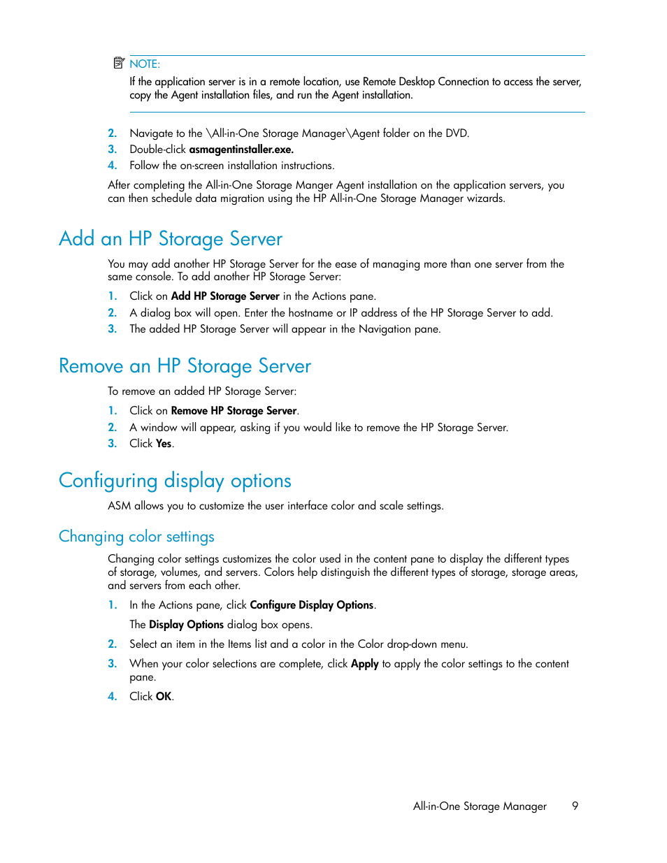 Add an hp storage server, Remove an hp storage server, Configuring display options | 9 remove an hp storage server, 9 configuring display options, Changing color settings | HP ProLiant DL185 G5 Storage Server User Manual | Page 9 / 72