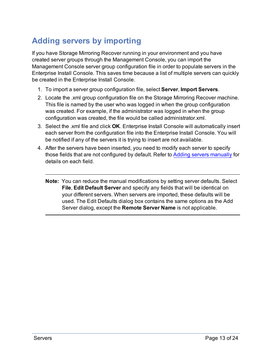 Adding servers by importing, Import servers | HP Storage Mirroring Software User Manual | Page 14 / 25