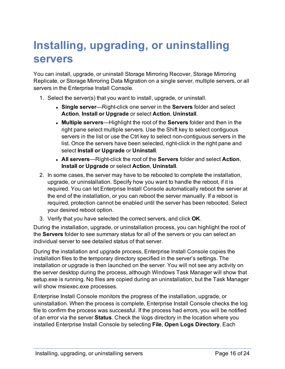 Installing, upgrading, or uninstalling servers | HP Storage Mirroring Software User Manual | Page 17 / 25