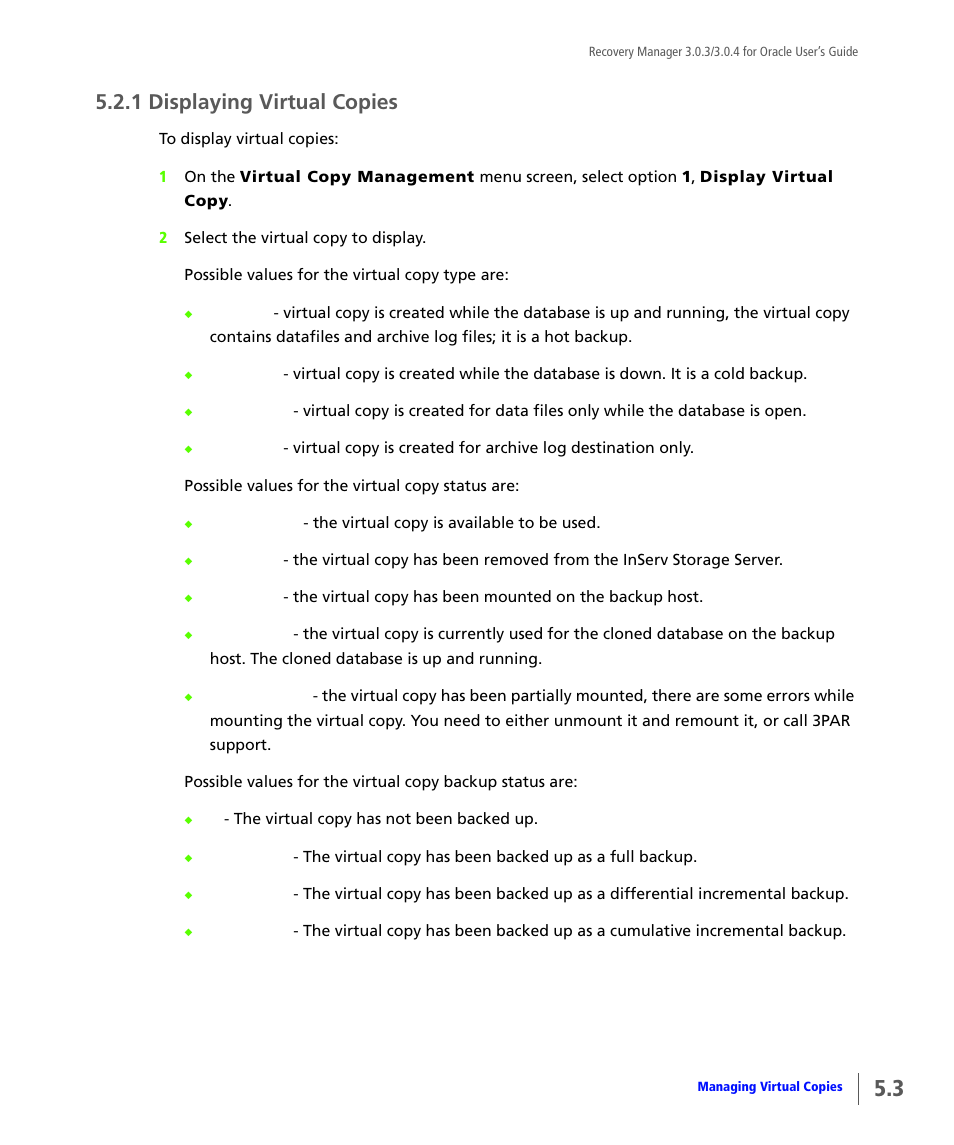 1 displaying virtual copies, Displaying virtual copies | HP 3PAR Application Software Suite for Oracle User Manual | Page 107 / 196