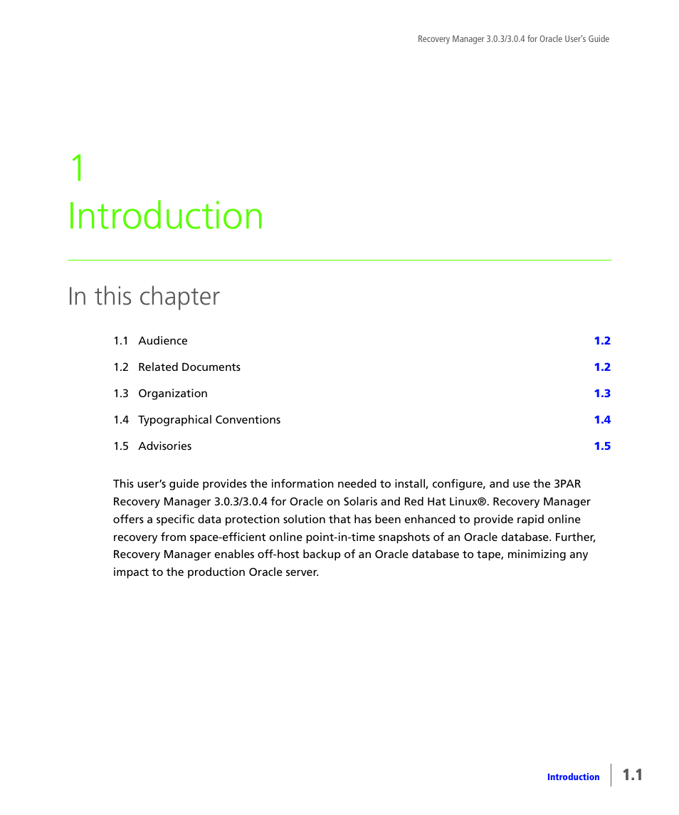 Introduction, 1 introduction | HP 3PAR Application Software Suite for Oracle User Manual | Page 11 / 196