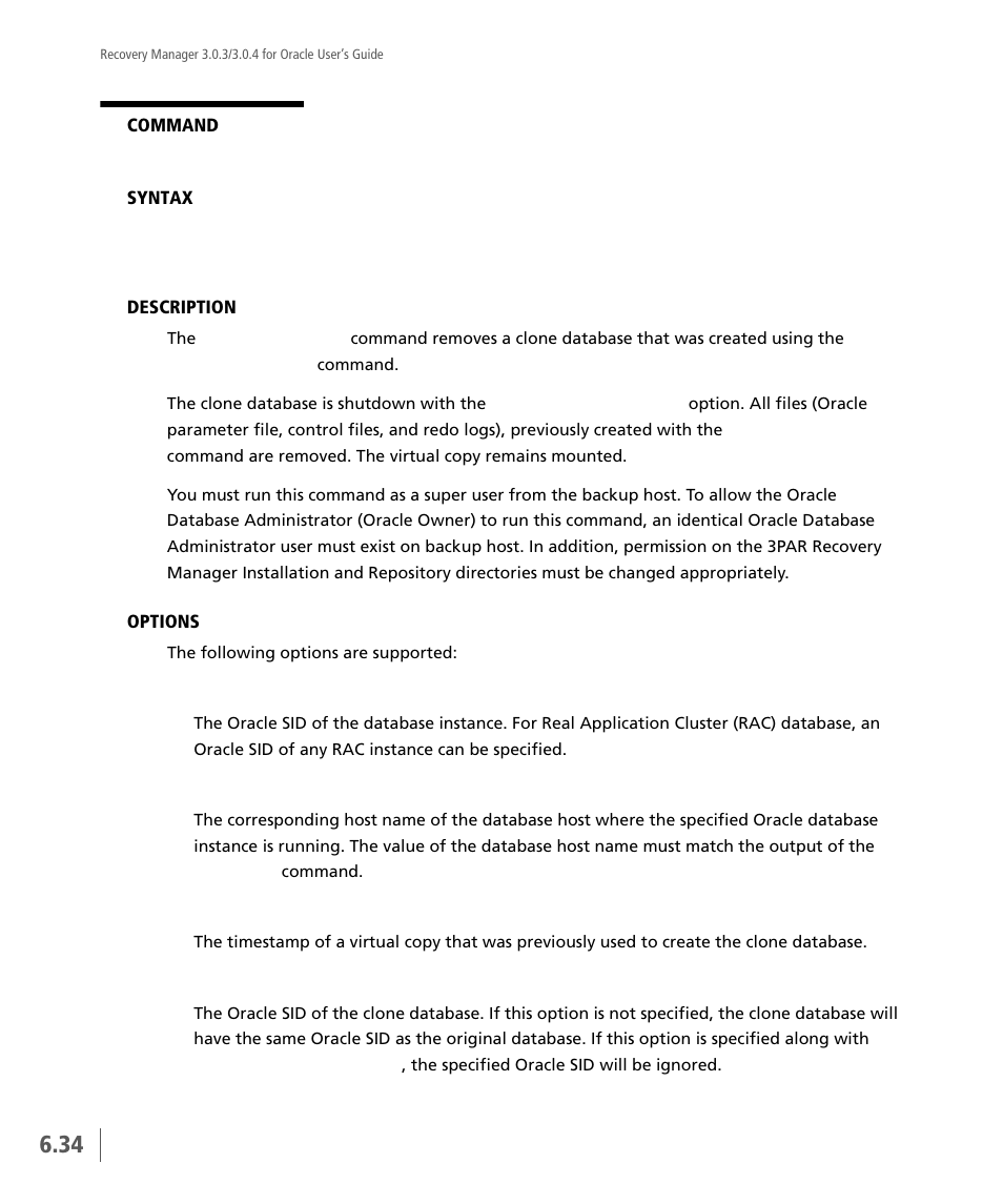 Vcdba_removedb | HP 3PAR Application Software Suite for Oracle User Manual | Page 148 / 196