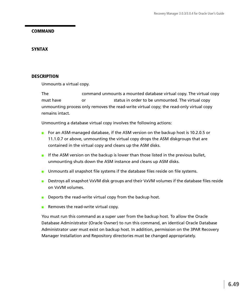 Vcdba_umount | HP 3PAR Application Software Suite for Oracle User Manual | Page 163 / 196