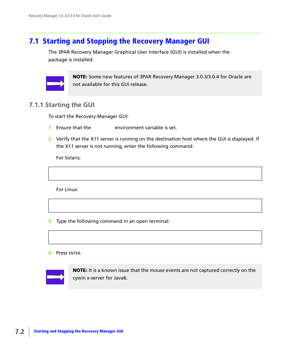 1 starting and stopping the recovery manager gui, 1 starting the gui, Starting and stopping the recovery manager gui | Starting the gui | HP 3PAR Application Software Suite for Oracle User Manual | Page 166 / 196