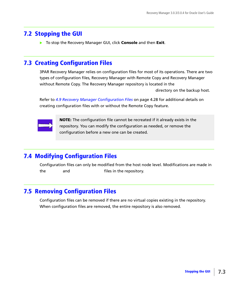 2 stopping the gui, 3 creating configuration files, 4 modifying configuration files | 5 removing configuration files, Stopping the gui, Creating configuration files, Modifying configuration files, Removing configuration files | HP 3PAR Application Software Suite for Oracle User Manual | Page 167 / 196