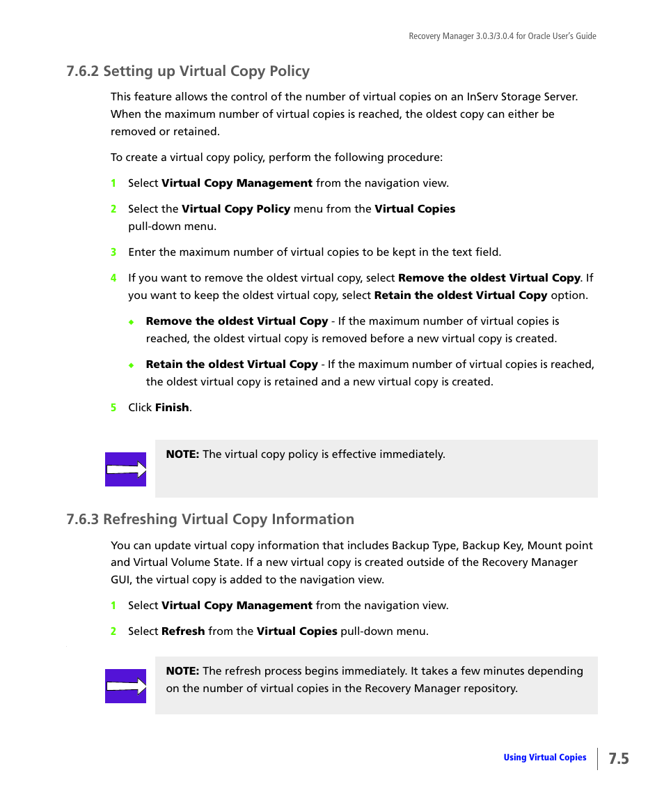 2 setting up virtual copy policy, 3 refreshing virtual copy information, Setting up virtual copy policy | Refreshing virtual copy information | HP 3PAR Application Software Suite for Oracle User Manual | Page 169 / 196