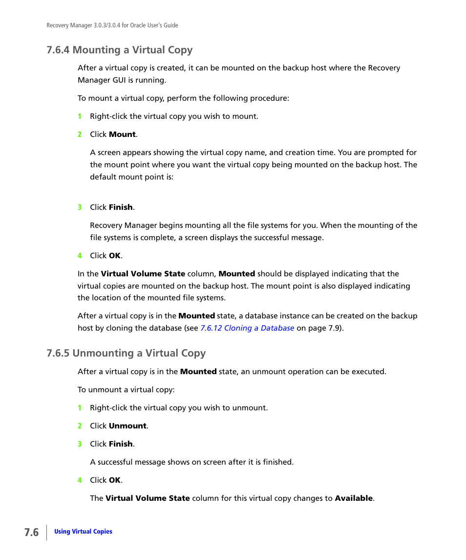 4 mounting a virtual copy, 5 unmounting a virtual copy, Mounting a virtual copy | Unmounting a virtual copy | HP 3PAR Application Software Suite for Oracle User Manual | Page 170 / 196