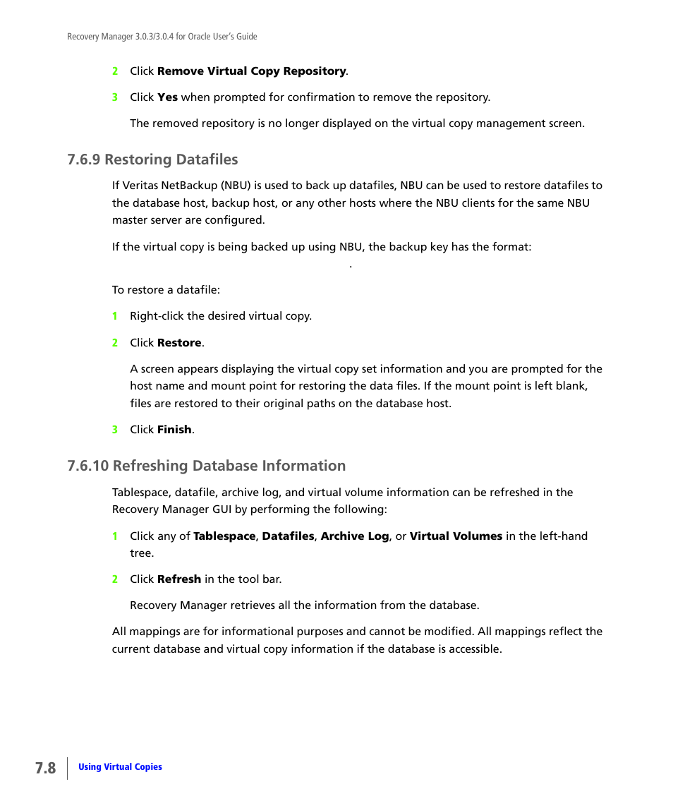 9 restoring datafiles, 10 refreshing database information, Restoring datafiles | Refreshing database information | HP 3PAR Application Software Suite for Oracle User Manual | Page 172 / 196