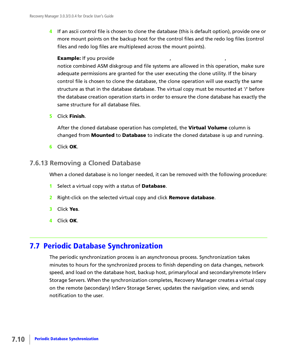 13 removing a cloned database, 7 periodic database synchronization, Removing a cloned database | Periodic database synchronization | HP 3PAR Application Software Suite for Oracle User Manual | Page 174 / 196