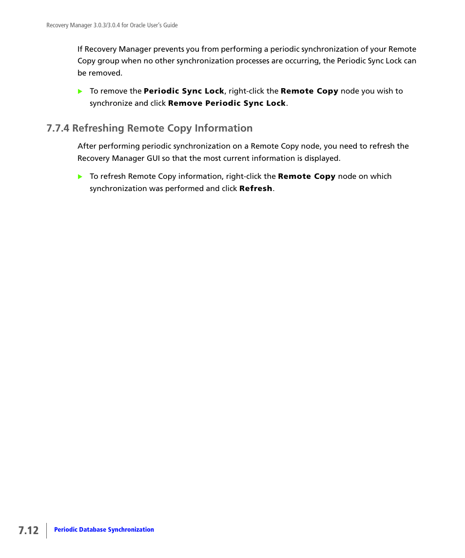 4 refreshing remote copy information, Refreshing remote copy information | HP 3PAR Application Software Suite for Oracle User Manual | Page 176 / 196