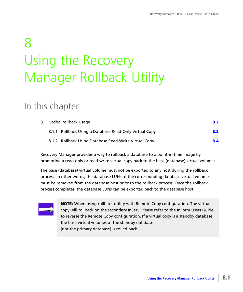 Using the recovery manager rollback utility, 8 using the recovery manager rollback utility | HP 3PAR Application Software Suite for Oracle User Manual | Page 177 / 196
