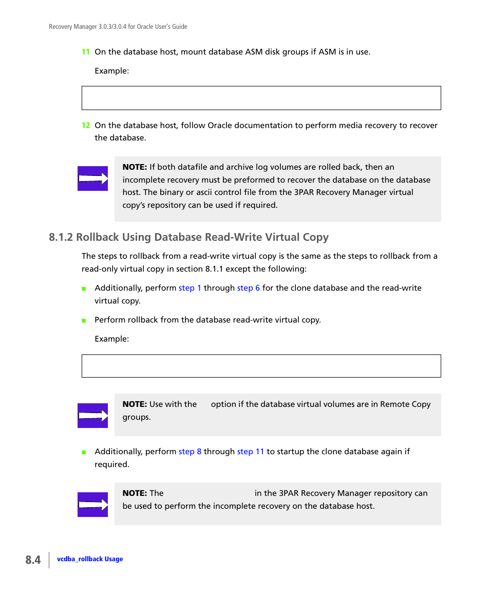 2 rollback using database read-write virtual copy, Rollback using database read-write virtual copy | HP 3PAR Application Software Suite for Oracle User Manual | Page 180 / 196