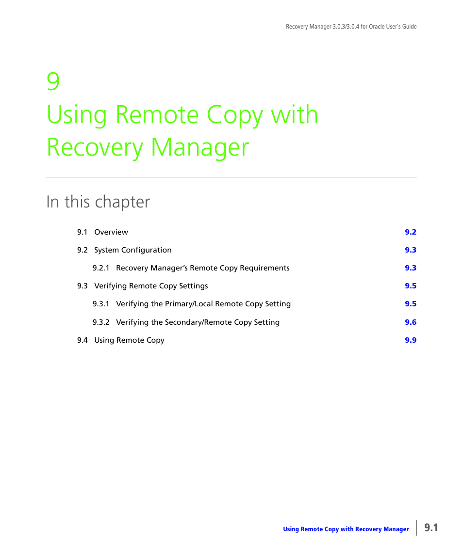 Using remote copy with recovery manager, Chapter 9, using remote copy with recovery manager, 9 using remote copy with recovery manager | HP 3PAR Application Software Suite for Oracle User Manual | Page 181 / 196