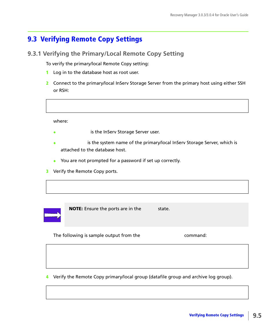3 verifying remote copy settings, 1 verifying the primary/local remote copy setting, Verifying remote copy settings | Verifying the primary/local remote copy setting | HP 3PAR Application Software Suite for Oracle User Manual | Page 185 / 196