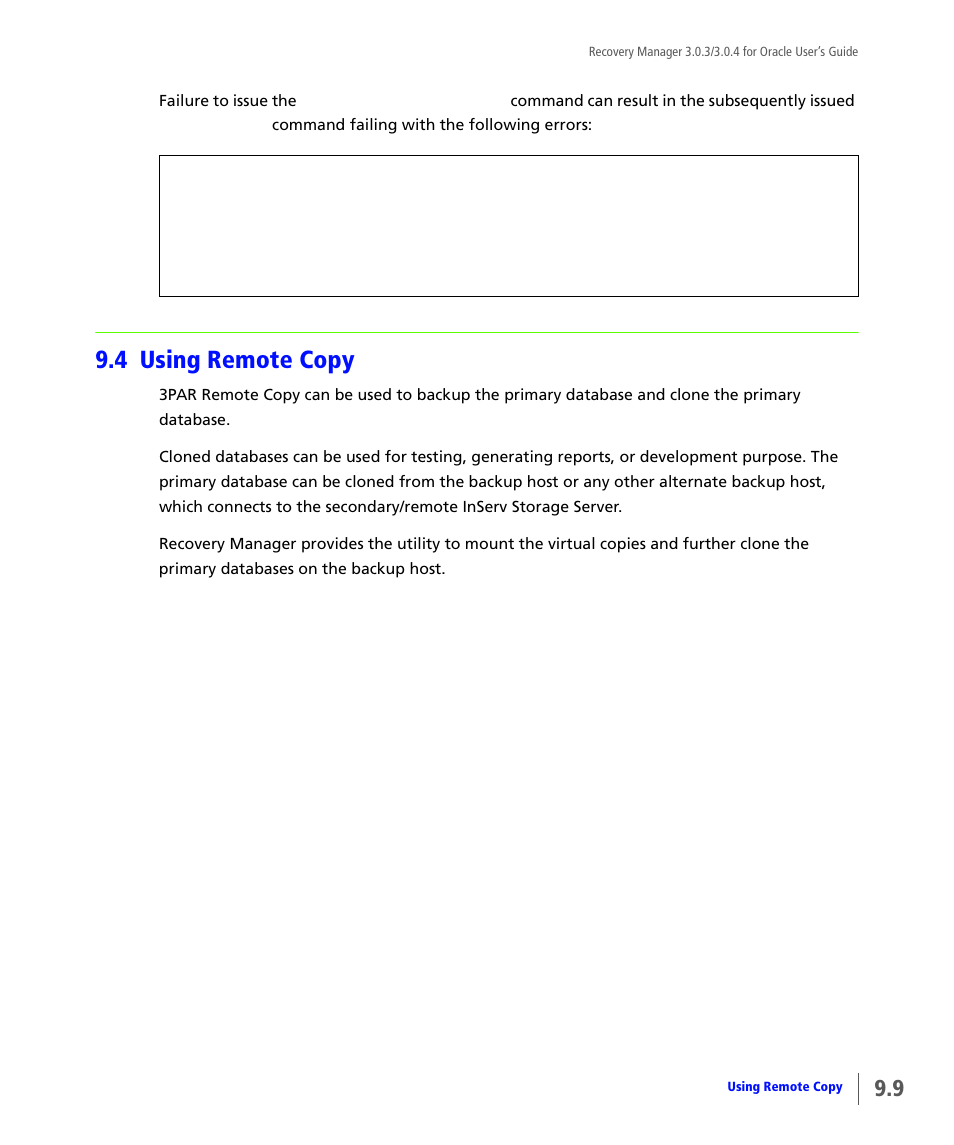 4 using remote copy, Using remote copy | HP 3PAR Application Software Suite for Oracle User Manual | Page 189 / 196