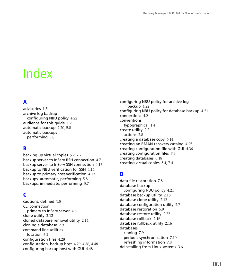 Index, Ix.1 | HP 3PAR Application Software Suite for Oracle User Manual | Page 191 / 196