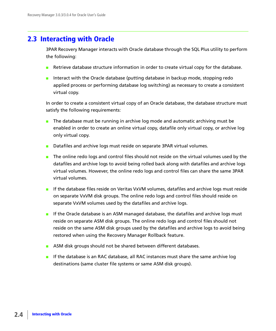3 interacting with oracle, Interacting with oracle | HP 3PAR Application Software Suite for Oracle User Manual | Page 20 / 196