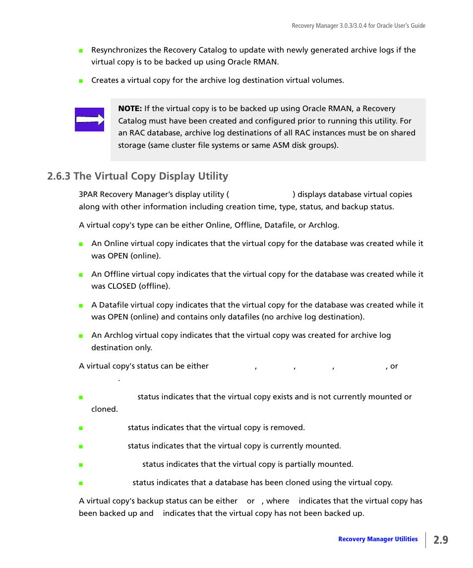 3 the virtual copy display utility, The virtual copy display utility | HP 3PAR Application Software Suite for Oracle User Manual | Page 25 / 196