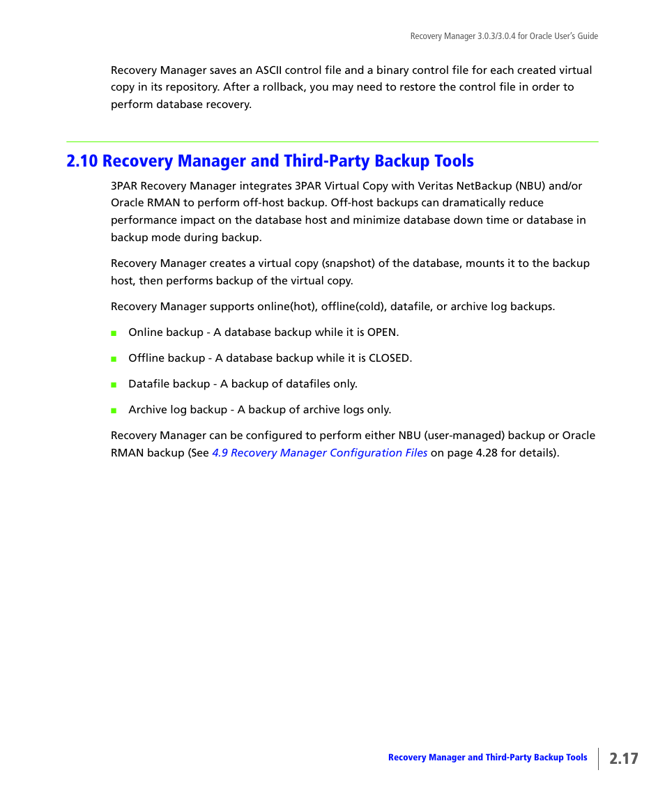10 recovery manager and third-party backup tools, Recovery manager and third-party backup tools | HP 3PAR Application Software Suite for Oracle User Manual | Page 33 / 196
