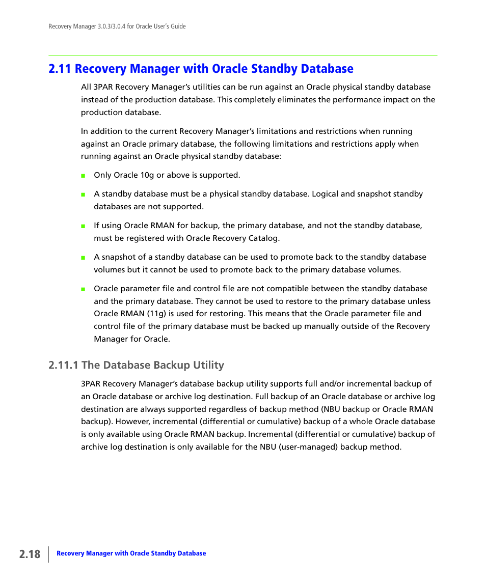 11 recovery manager with oracle standby database, 1 the database backup utility, Recovery manager with oracle standby database | The database backup utility | HP 3PAR Application Software Suite for Oracle User Manual | Page 34 / 196