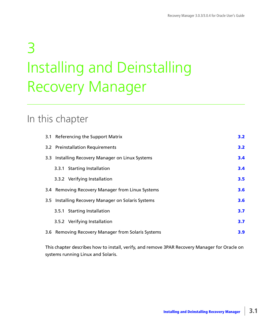 Installing and deinstalling recovery manager, Describes, 3 installing and deinstalling recovery manager | HP 3PAR Application Software Suite for Oracle User Manual | Page 41 / 196