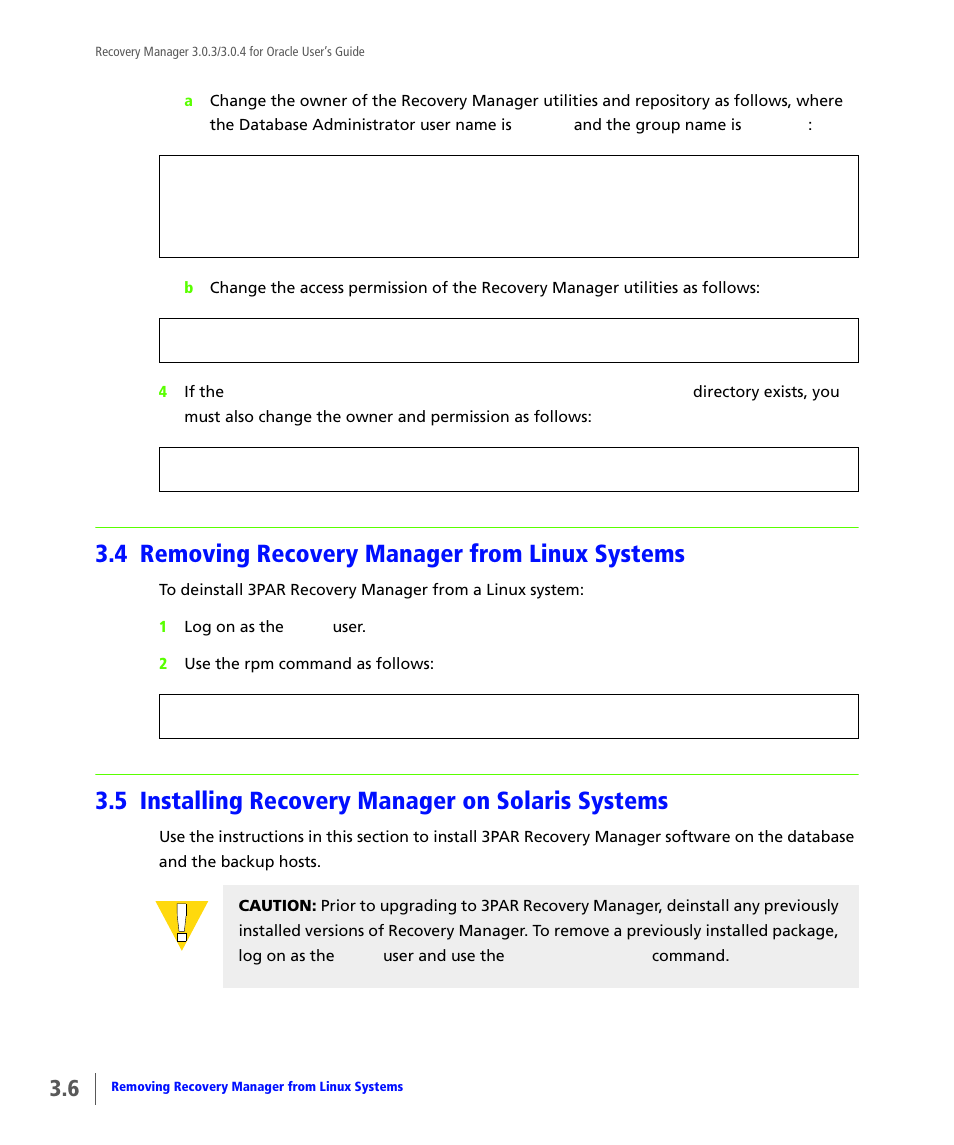 4 removing recovery manager from linux systems, 5 installing recovery manager on solaris systems, Removing recovery manager from linux systems | Installing recovery manager on solaris systems | HP 3PAR Application Software Suite for Oracle User Manual | Page 46 / 196