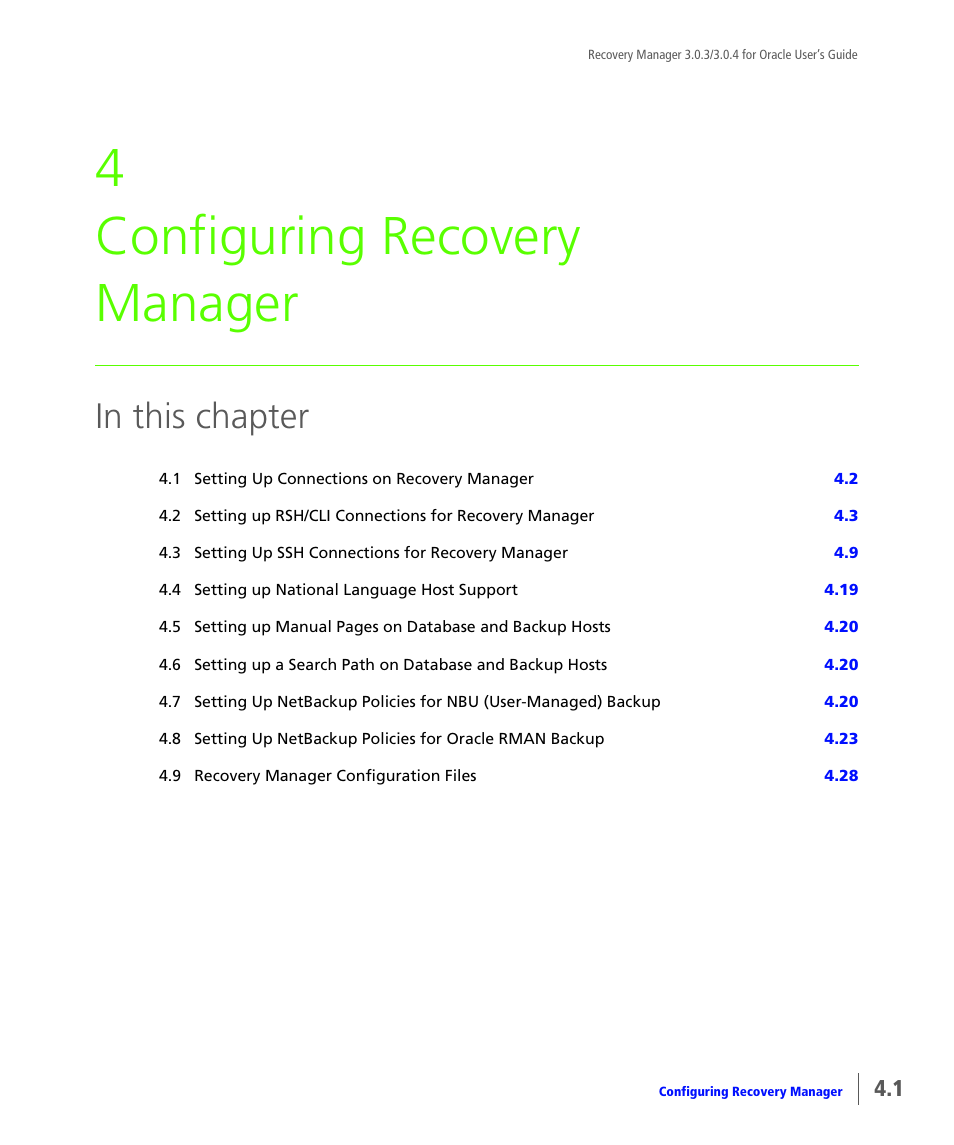 Configuring recovery manager, Chapter 4, configuring recovery manager, Chapter 4, configuring recovery | Manager, 4 configuring recovery manager | HP 3PAR Application Software Suite for Oracle User Manual | Page 51 / 196