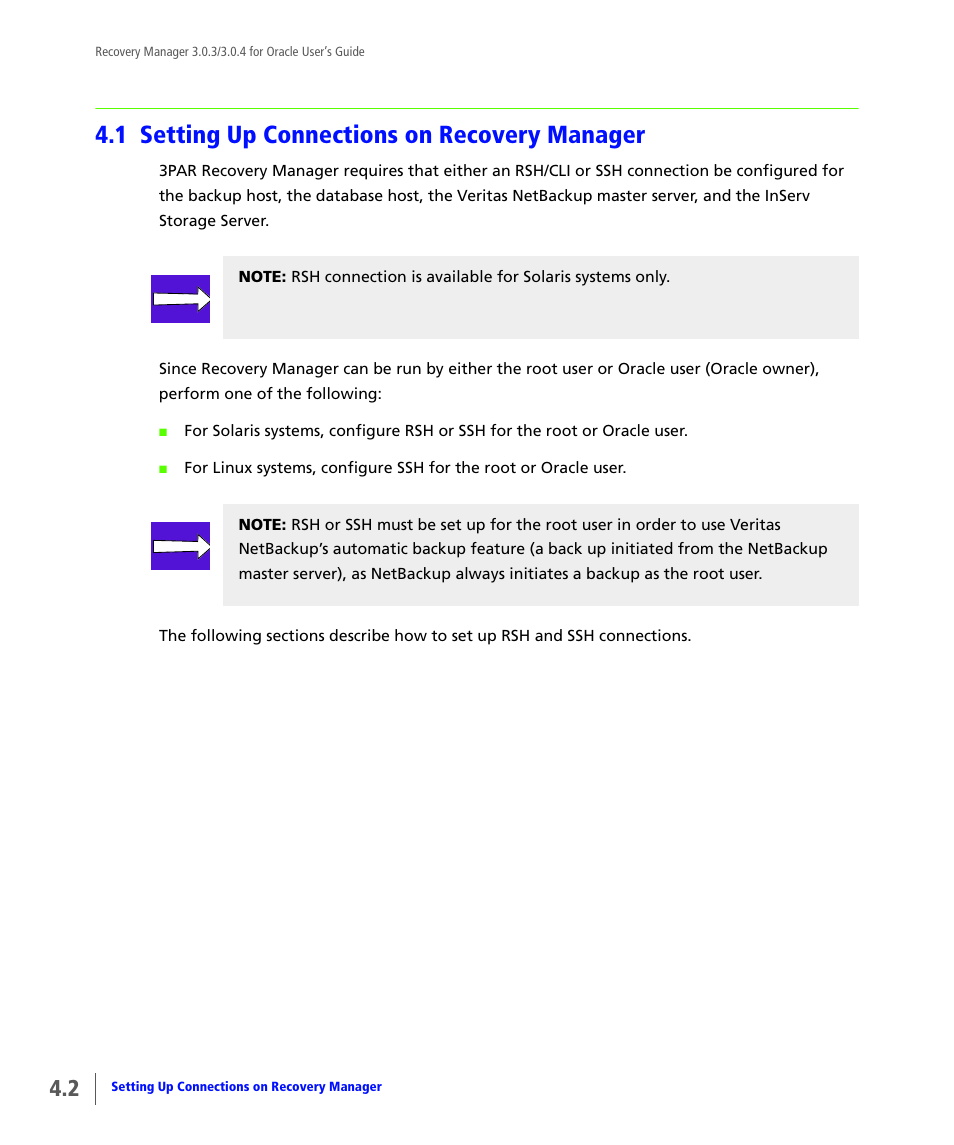 1 setting up connections on recovery manager, Setting up connections on recovery manager | HP 3PAR Application Software Suite for Oracle User Manual | Page 52 / 196