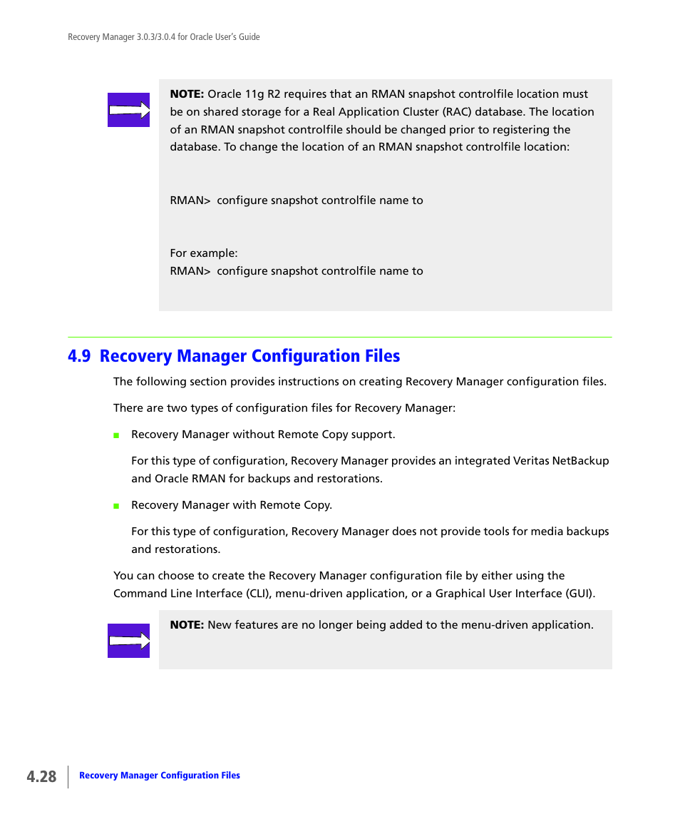 9 recovery manager configuration files, Recovery manager configuration files | HP 3PAR Application Software Suite for Oracle User Manual | Page 78 / 196