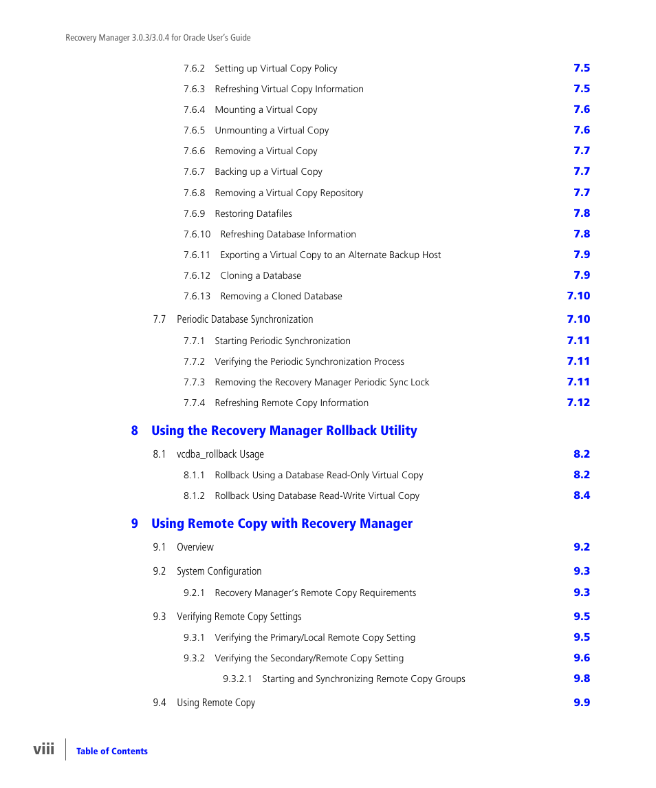 Viii, 8using the recovery manager rollback utility, 9using remote copy with recovery manager | HP 3PAR Application Software Suite for Oracle User Manual | Page 8 / 196