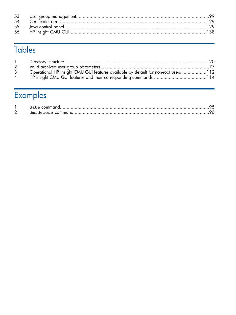 Tables, Examples | HP Insight Cluster Management Utility User Manual | Page 10 / 191