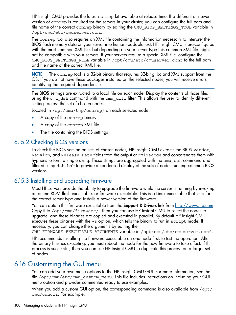 2 checking bios versions, 3 installing and upgrading firmware, 16 customizing the gui menu | HP Insight Cluster Management Utility User Manual | Page 100 / 191