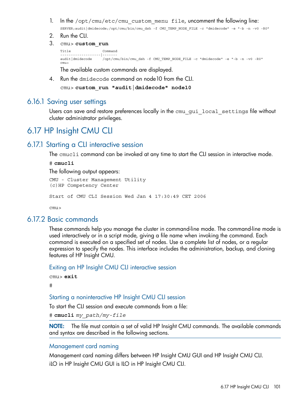 1 saving user settings, 17 hp insight cmu cli, 1 starting a cli interactive session | 2 basic commands | HP Insight Cluster Management Utility User Manual | Page 101 / 191